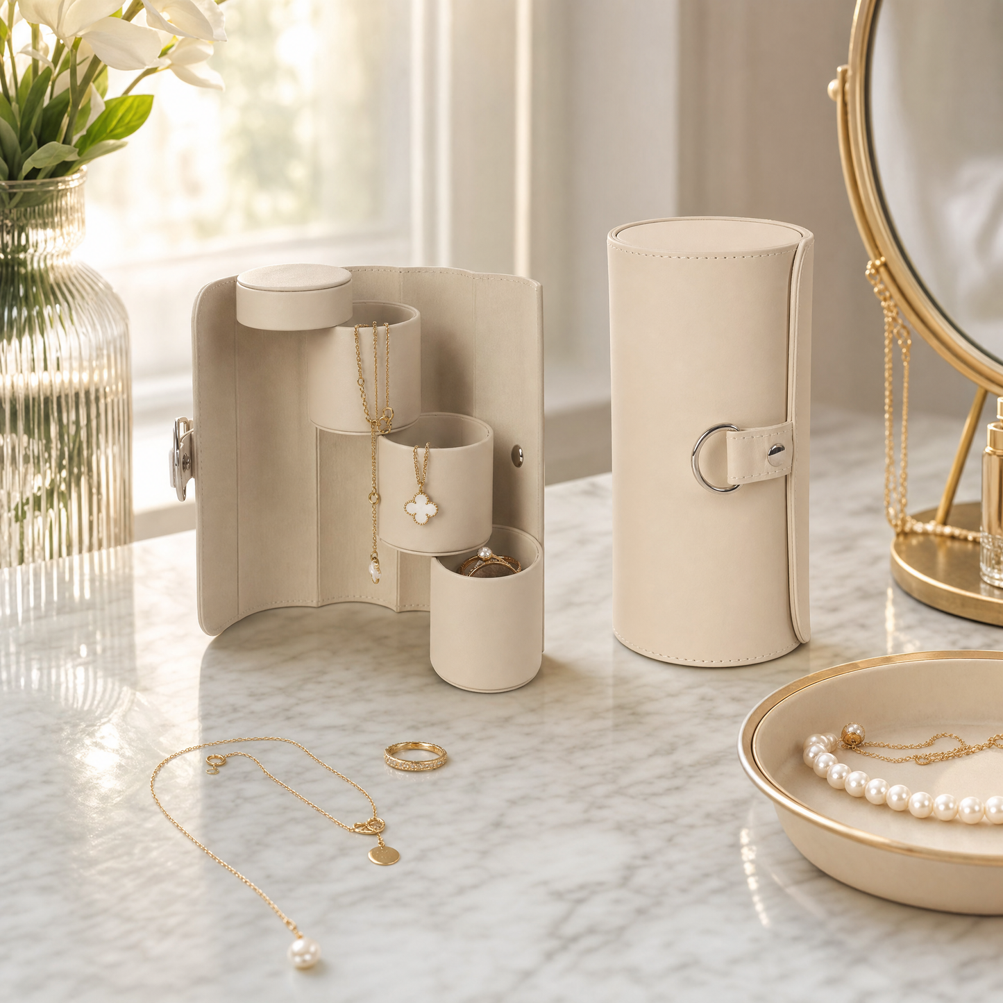 Jewelry roll-up travel case on vanity