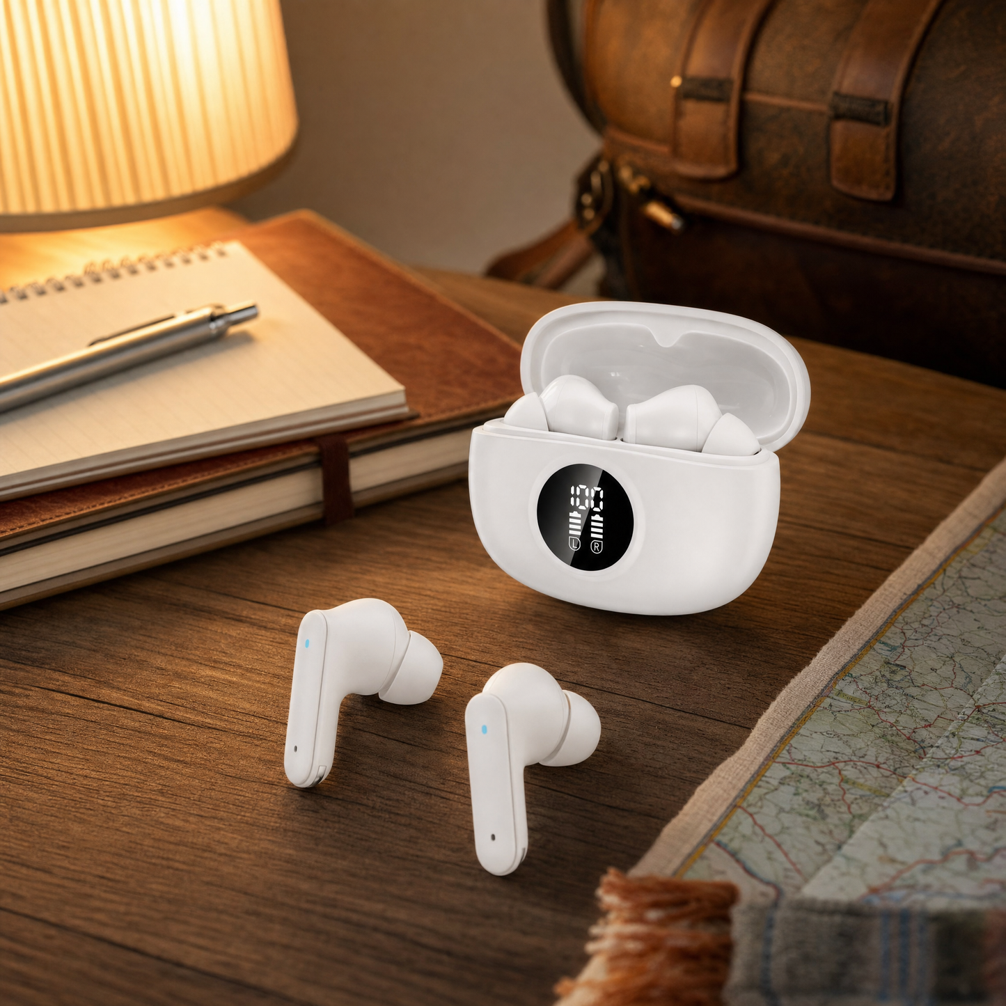 iHome translation earbuds on desk