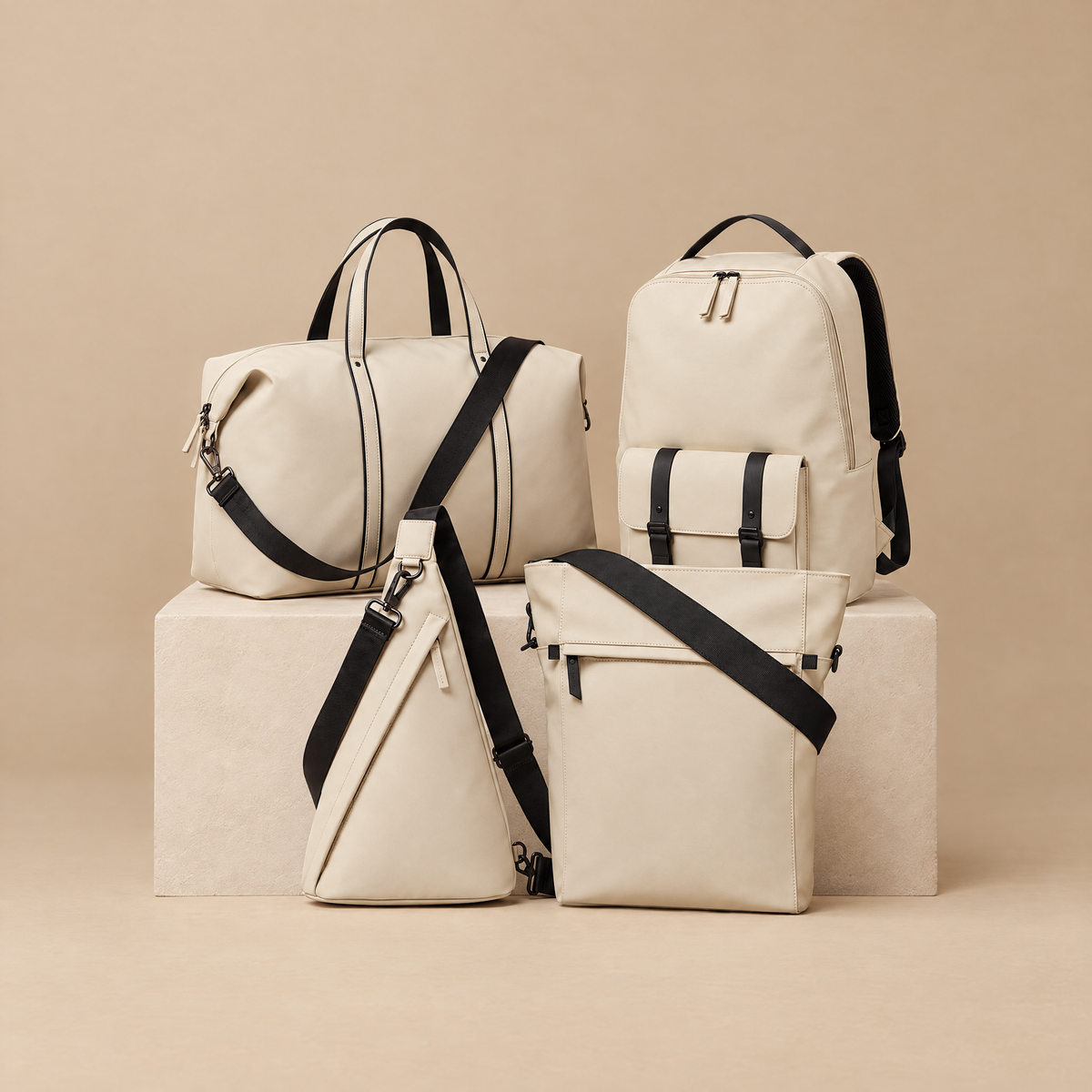 AJ Skye cream duffel, backpack, sling and tote/backpack