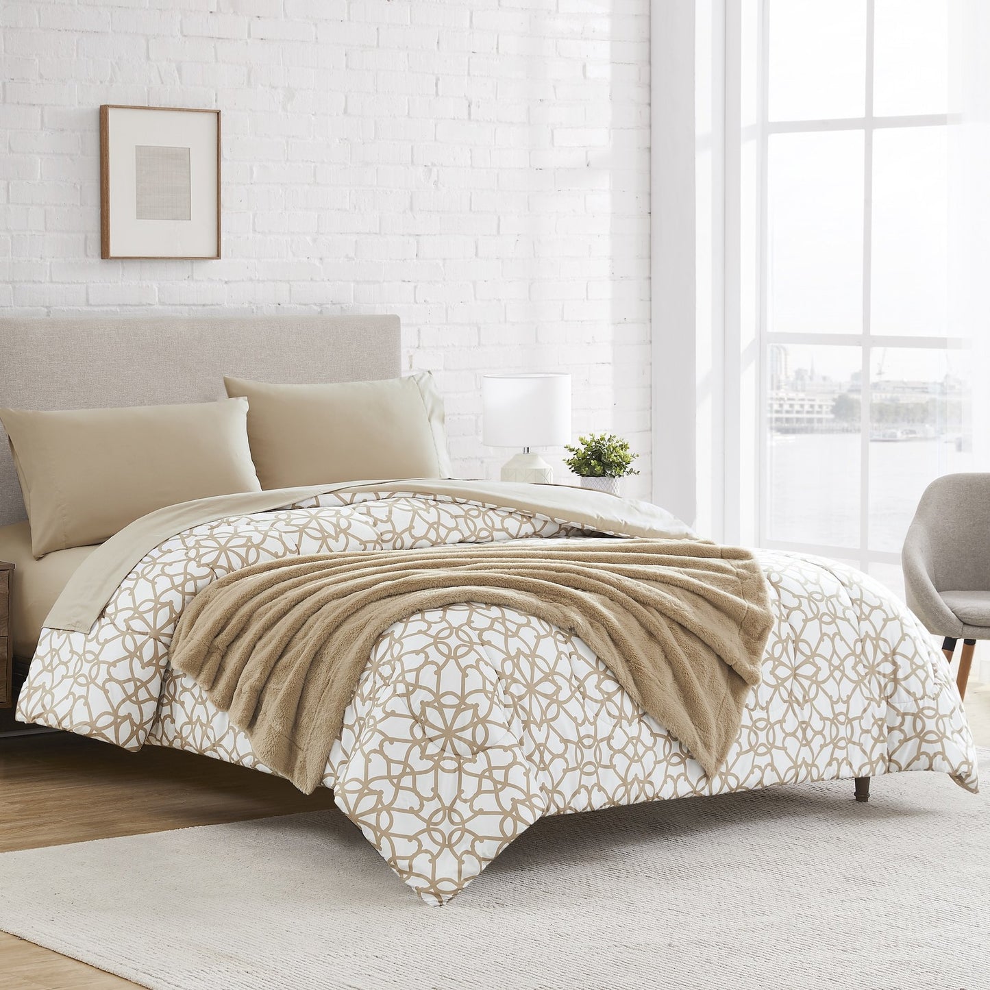 The Ultimate Luxury Bedding — White/Tan with Tan Throw — Badgley Mischka New York bedding