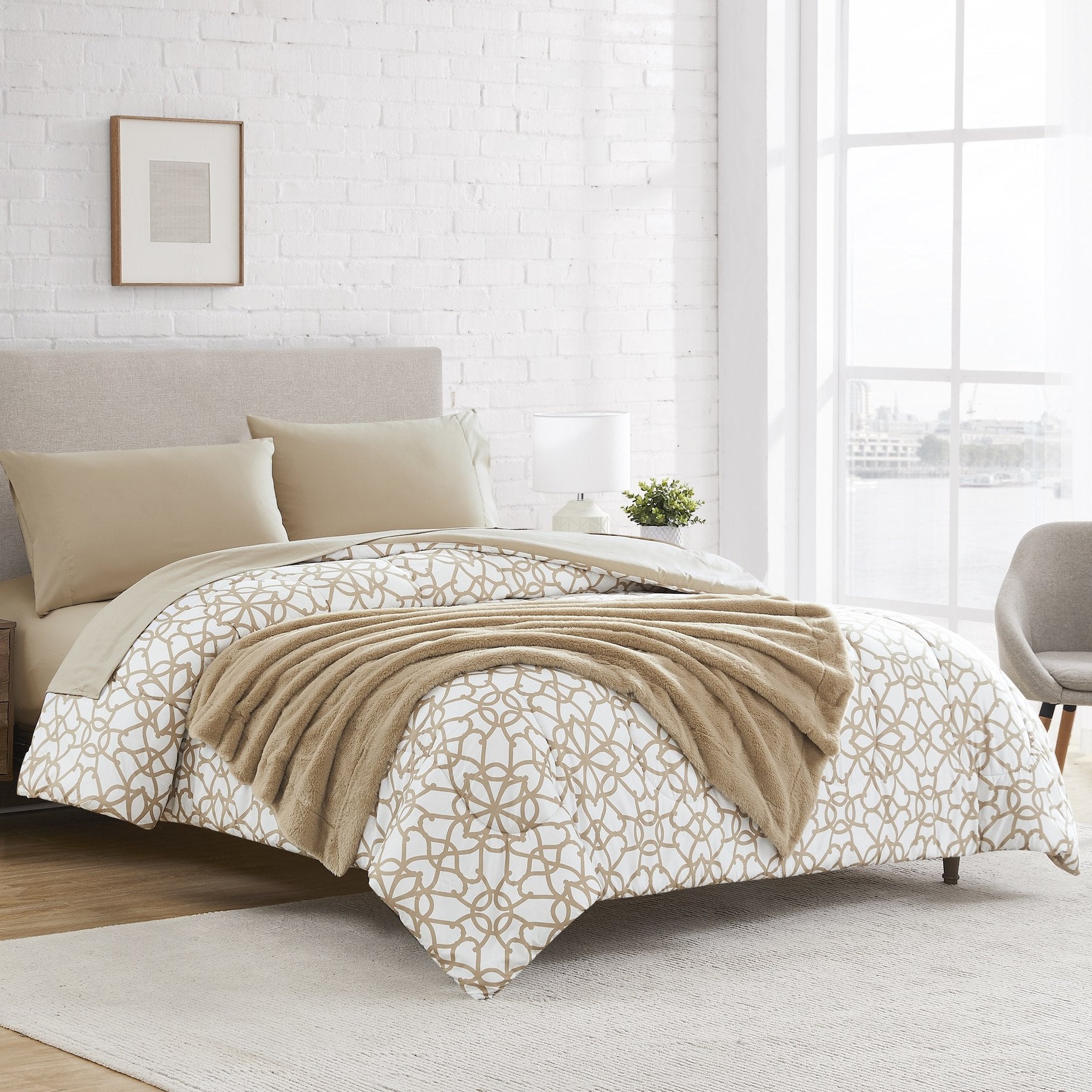 The Ultimate Luxury Bedding — White/Tan with Tan Throw — Badgley Mischka New York bedding