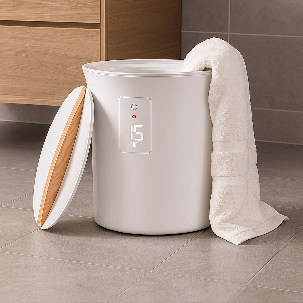 White laundry basket with wooden lid in a bathroom setting