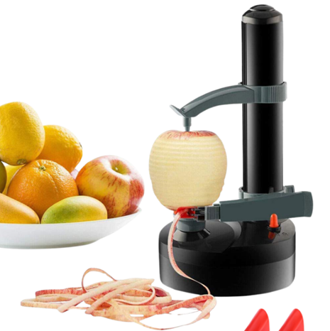 Apple peeler with peeled apple and fruit on a white background