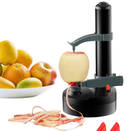 Apple peeler with peeled apple and fruit on a white background