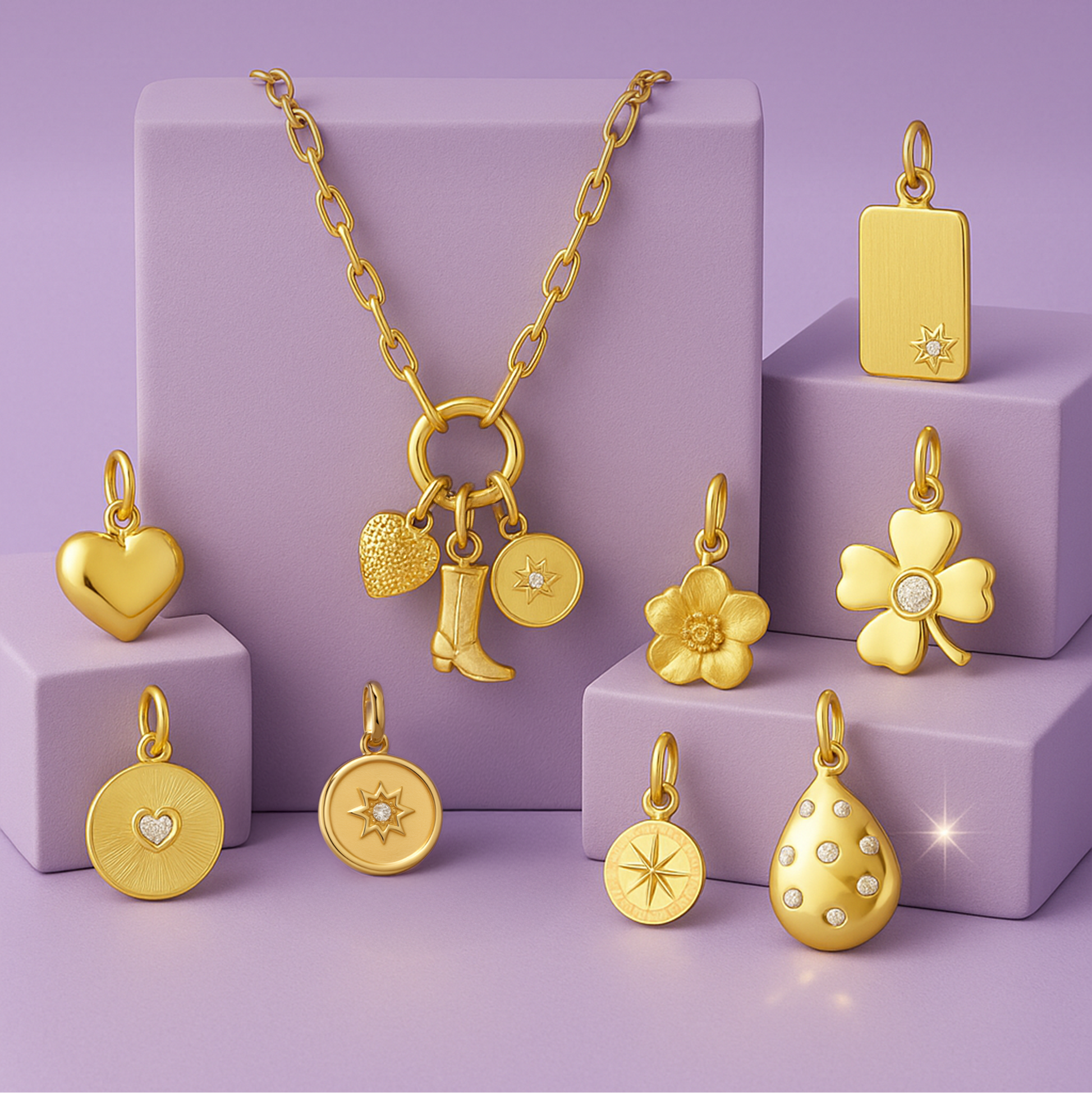 Collection of gold jewelry including necklaces and pendants on a purple background
