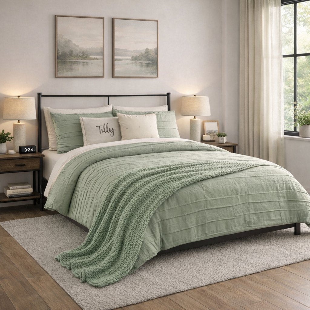 Tilly Textured bedding program - sage green textured comforter, sheet set, knitted throw and pillow set on a queen bed