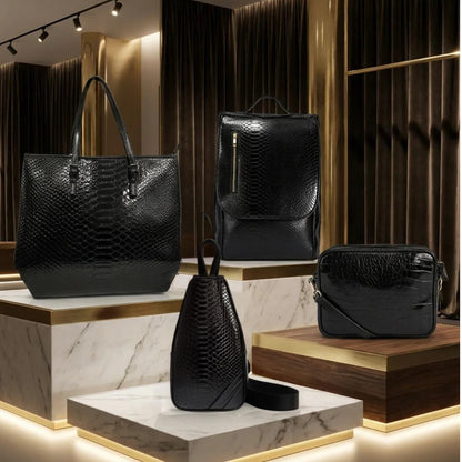 Crocstyle - shiny black vegan croc leather bag set
