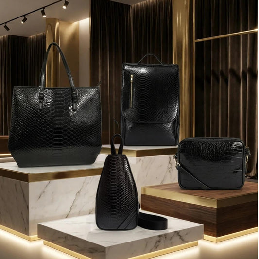 Crocstyle - shiny black vegan croc leather bag set