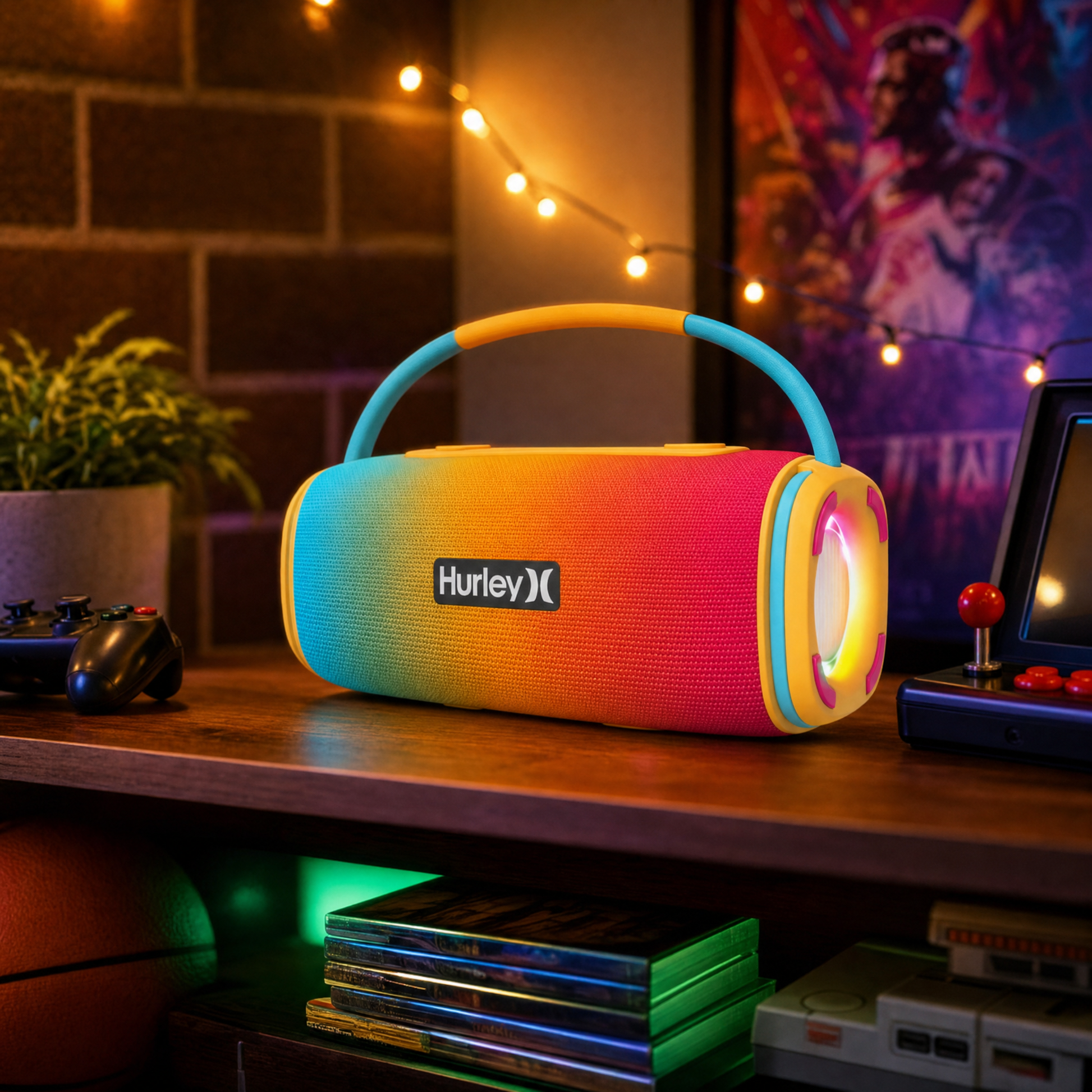 Hurley LED boombox glowing in game room