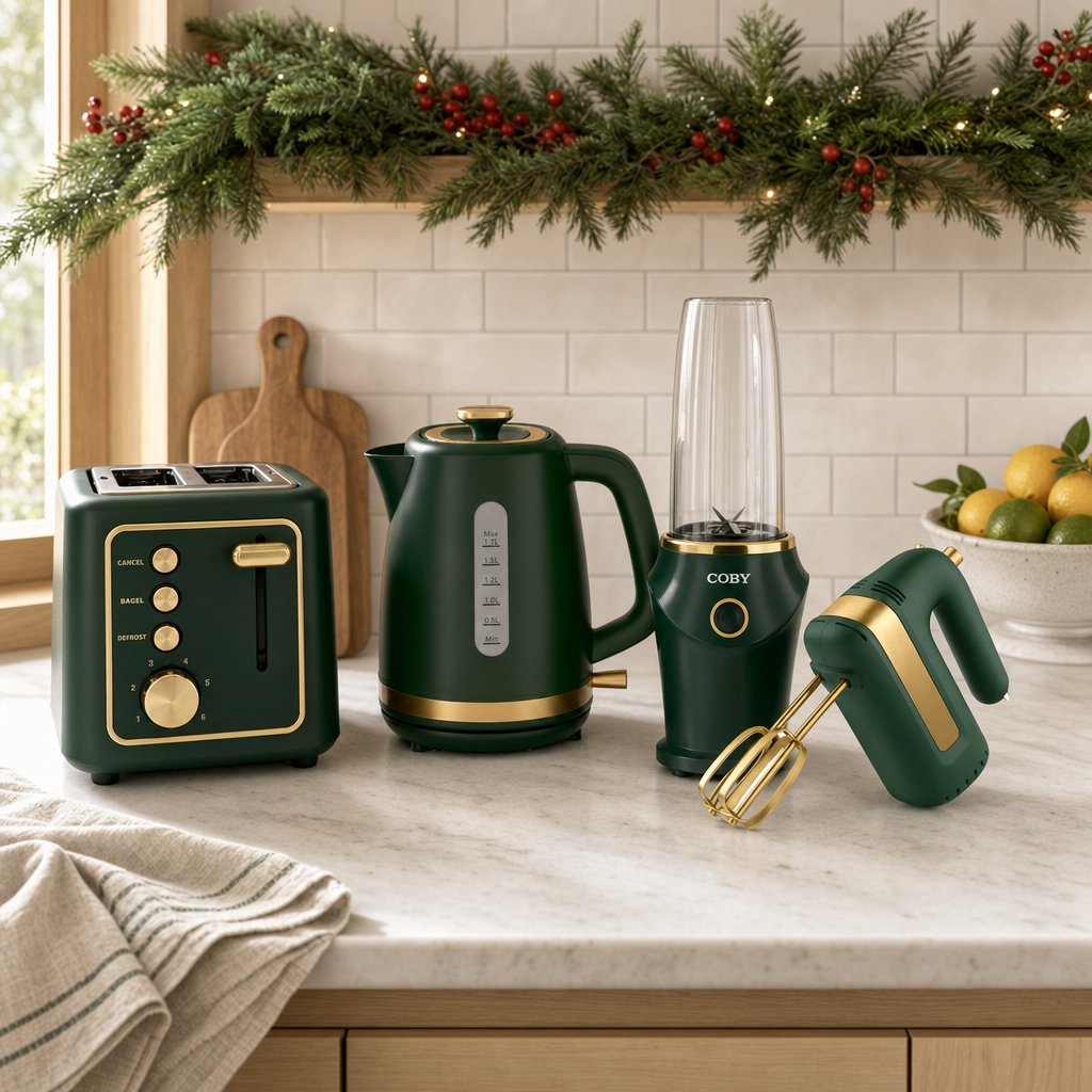 Modern Gold Emerald kitchen lifestyle scene with kettle
