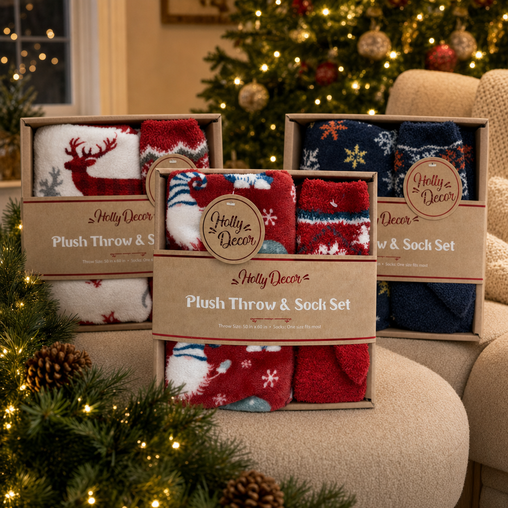 Plush Throw and Sock gift set lifestyle scene with three print options