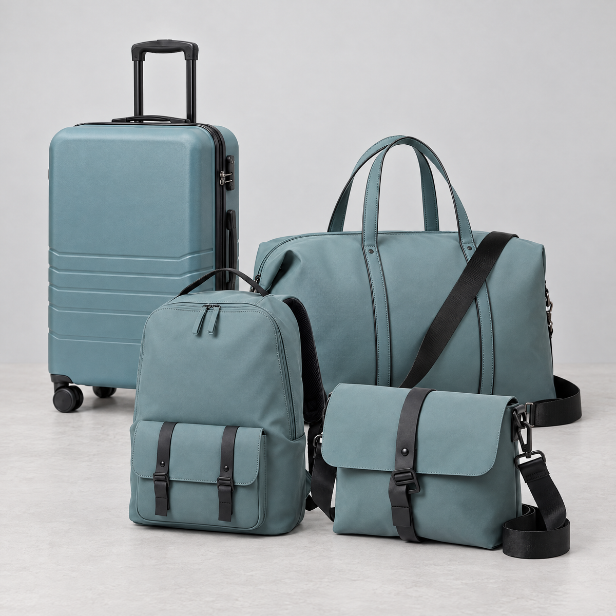 AJ Skye slate blue spinner, duffel, backpack and crossbody