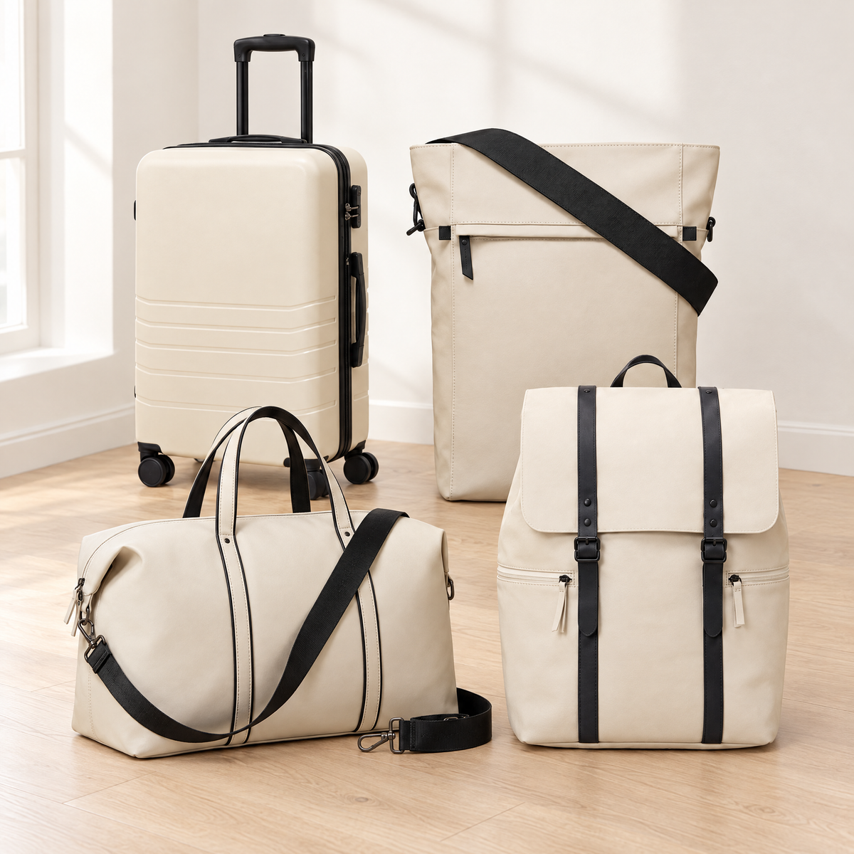 AJ Skye cream spinner, tote/backpack, duffel and dual-strap backpack