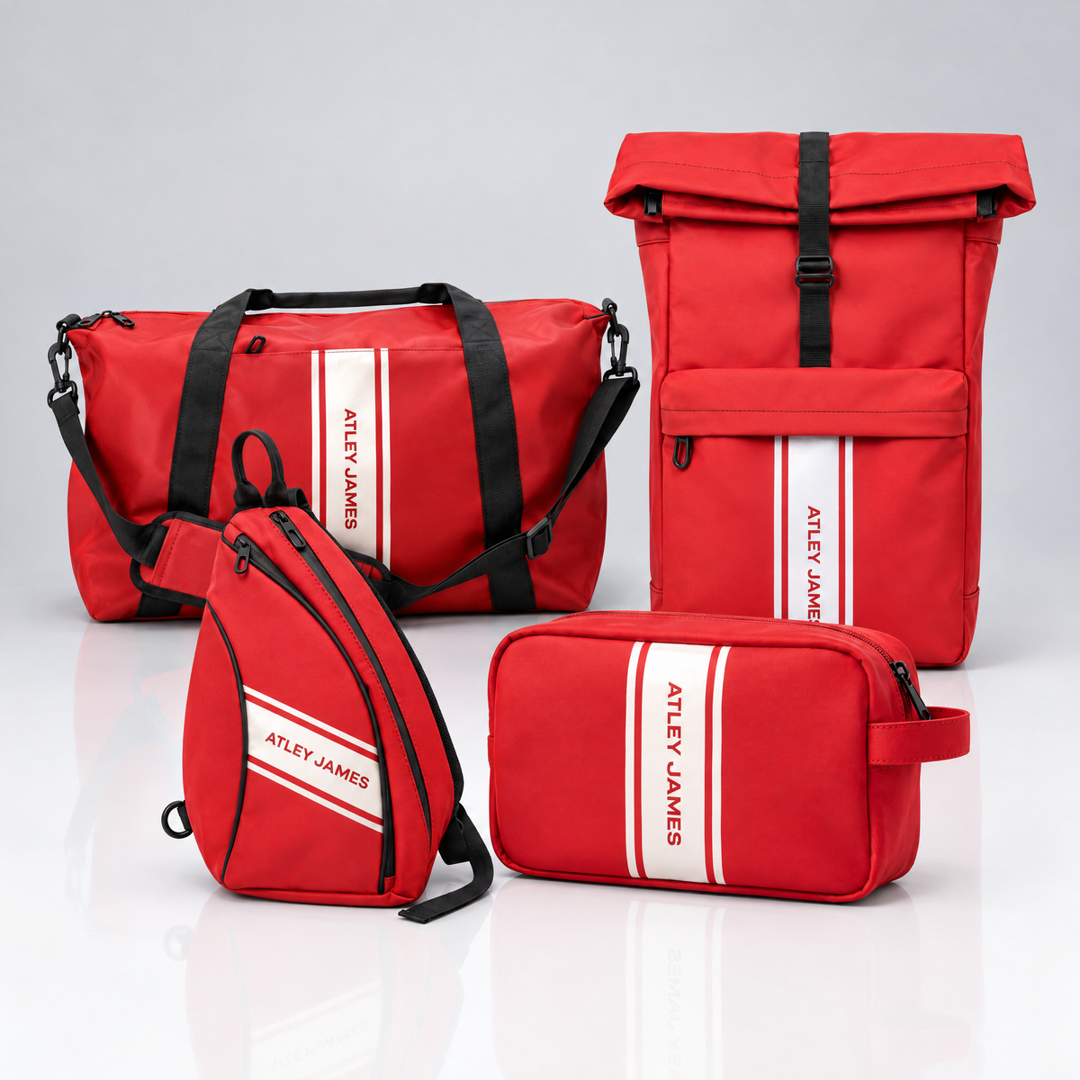 Atley James red duffel, roll-top backpack, sling and toiletry bag