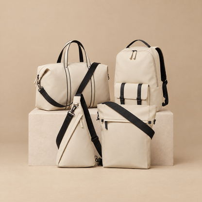 AJ Skye cream duffel, backpack, sling and tote/backpack