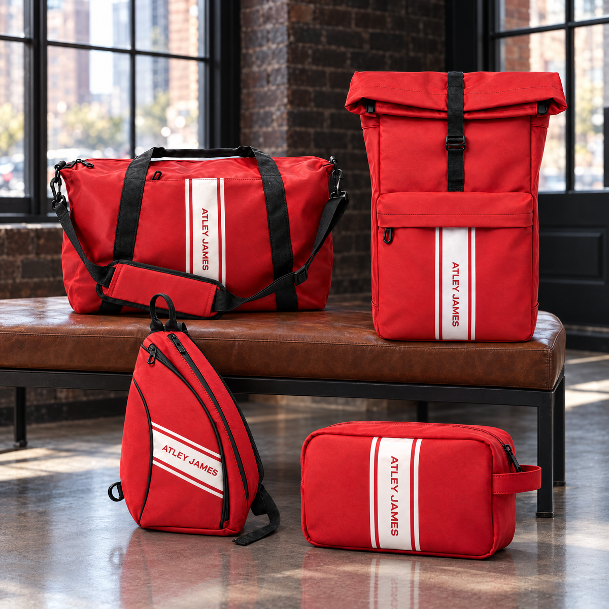 Atley James red sport bag set in a brick warehouse loft