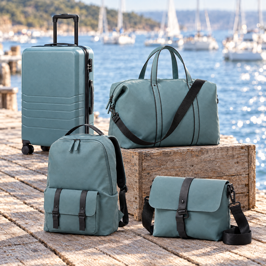 AJ Skye slate blue spinner and bags on a waterside dock