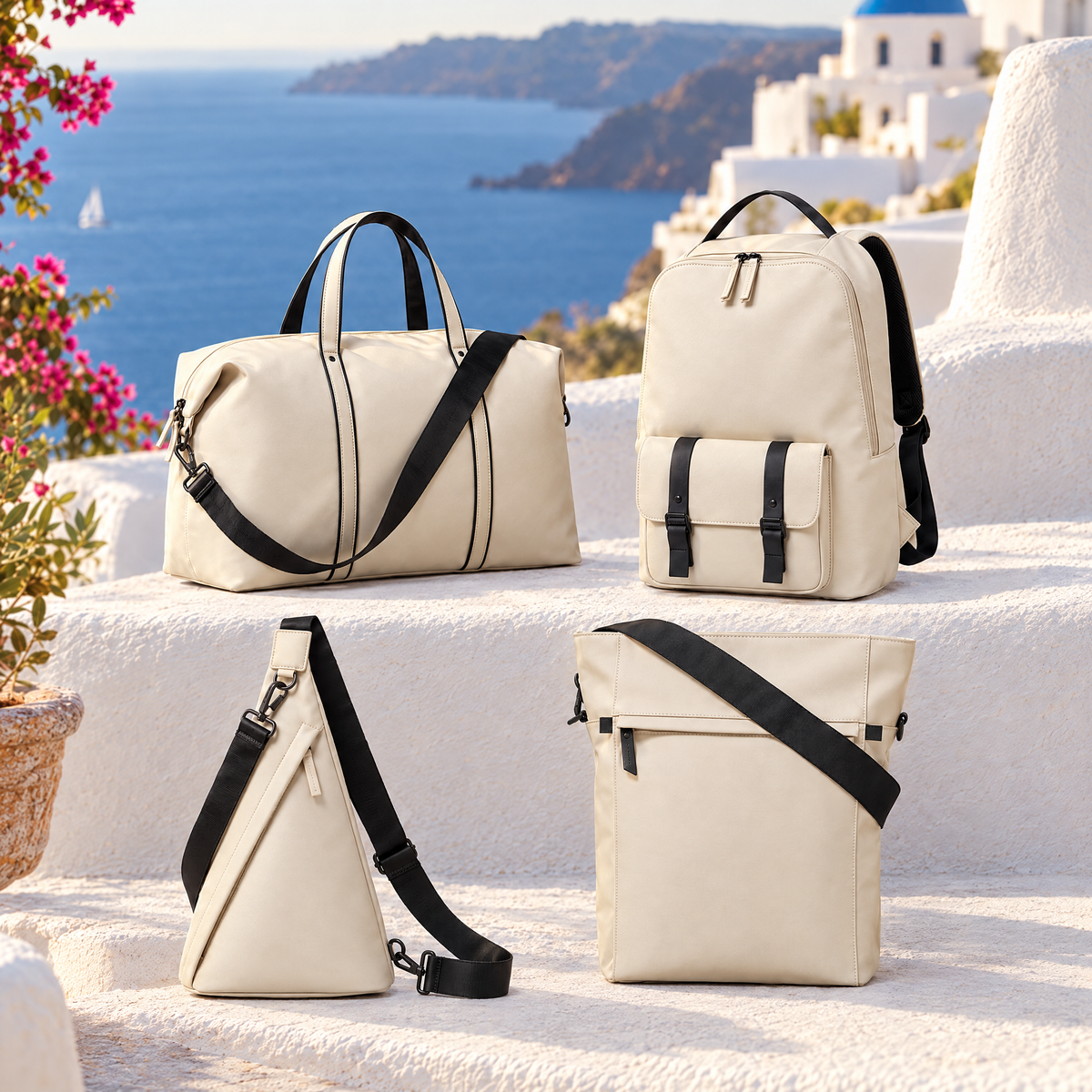AJ Skye cream bag set on a Greek island terrace