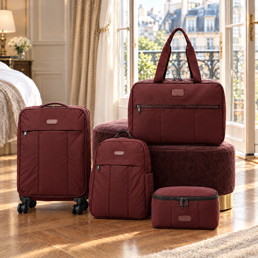 Bon Voyage burgundy carry-on, duffel, backpack and crossbody in a Paris hotel room