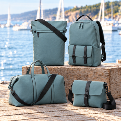 AJ Skye slate blue bag set on a waterside dock