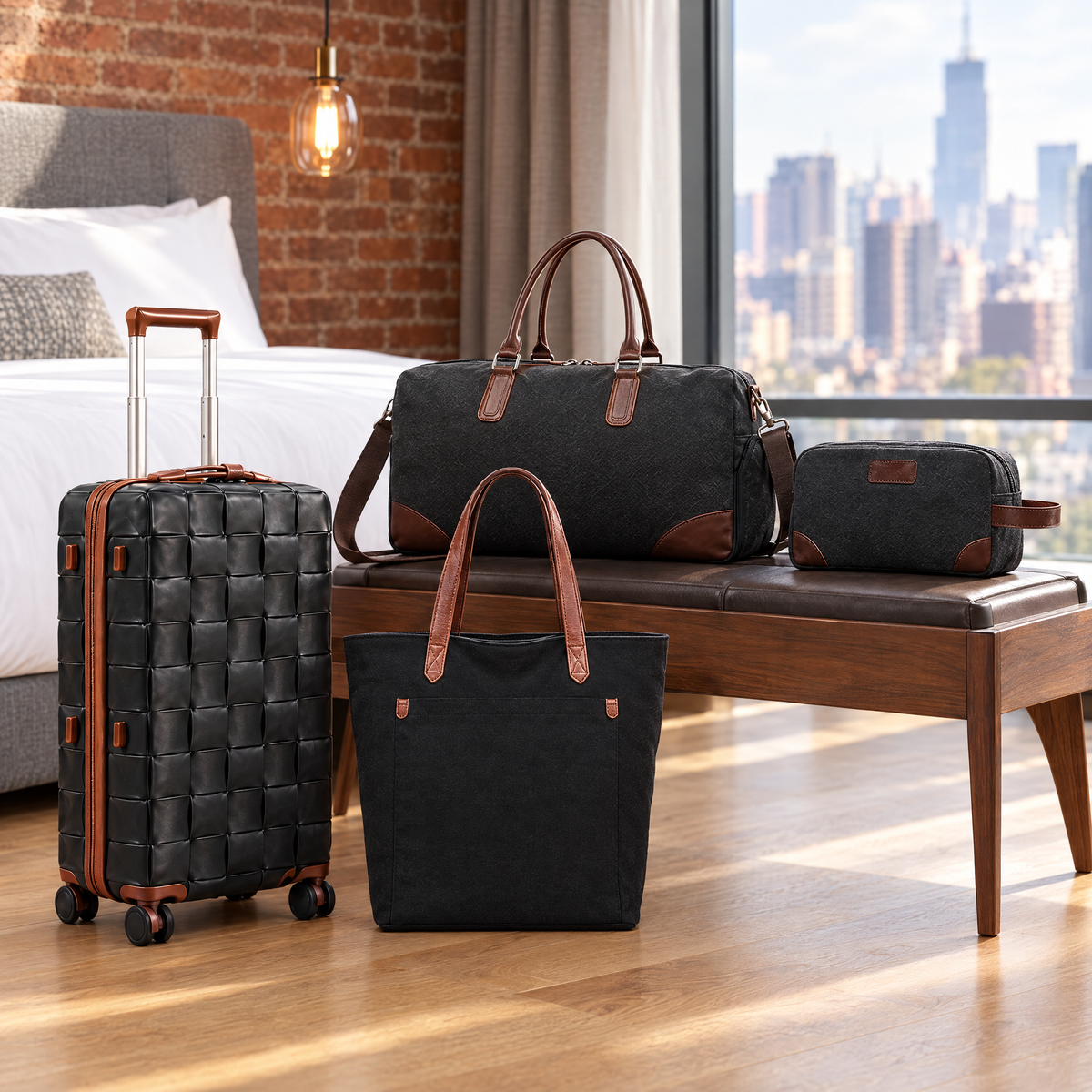 Fumatore Venezia spinner and cotton canvas bags in an urban hotel room