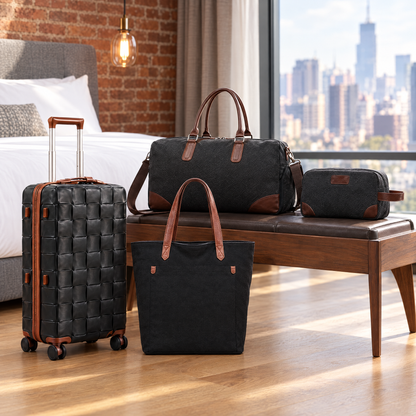 Fumatore Venezia spinner and cotton canvas bags in an urban hotel room
