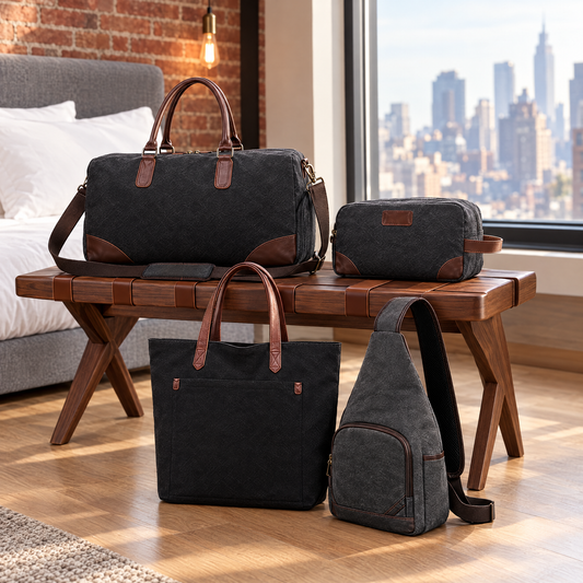 Fumatore cotton canvas bags in an urban hotel room
