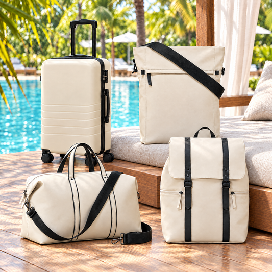 AJ Skye cream spinner and bags at a resort poolside cabana