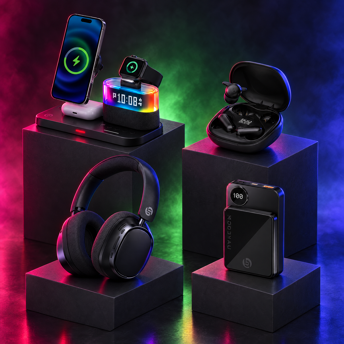 Luma charging station, Duo Buds, TruSound headphones and magnetic power bank on lit pedestals