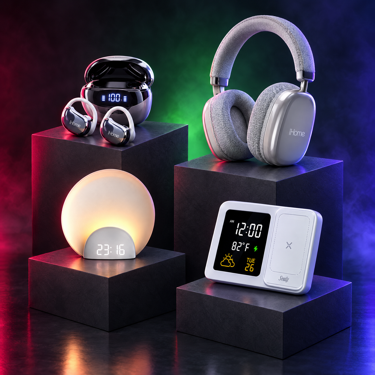 iHome earbuds and headphones, Sealy calendar clock and sunrise alarm clock on lit pedestals