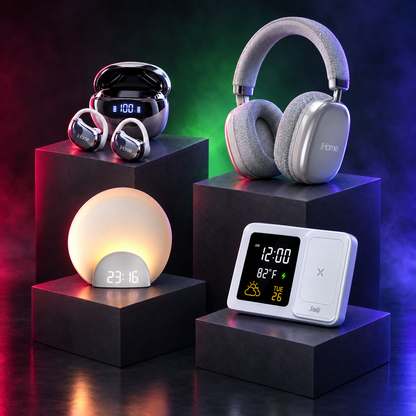 iHome earbuds and headphones, Sealy calendar clock and sunrise alarm clock on lit pedestals