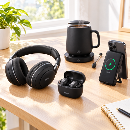 iHome earbuds and headphones, Sealy mug warmer and MagSafe power bank on a sunny home office desk