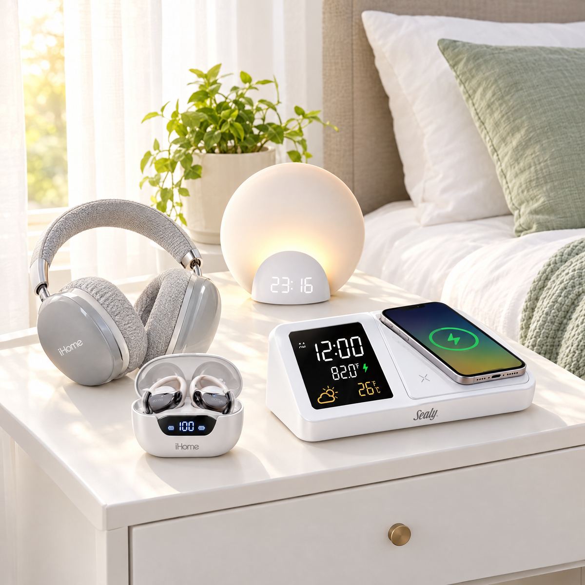 iHome earbuds and headphones, Sealy calendar clock and sunrise alarm clock on a bright bedroom nightstand