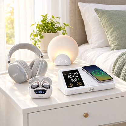 iHome earbuds and headphones, Sealy calendar clock and sunrise alarm clock on a bright bedroom nightstand