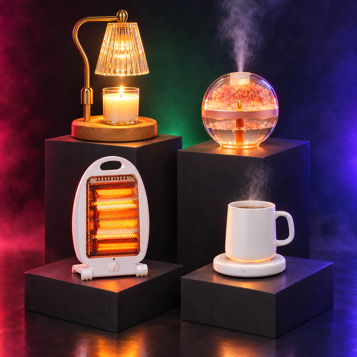Glass candle warmer, floral humidifier, Sealy space heater and mug warmer on lit pedestals
