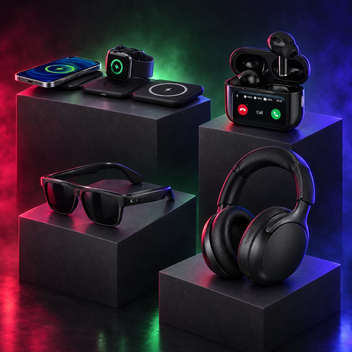 Foldable charging station, audio sunglasses, earbuds and headphones on lit pedestals