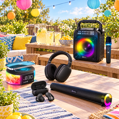 Prism speaker, Drift earbuds, Airstream+ headphones, soundbar and karaoke speaker at a sunny patio party