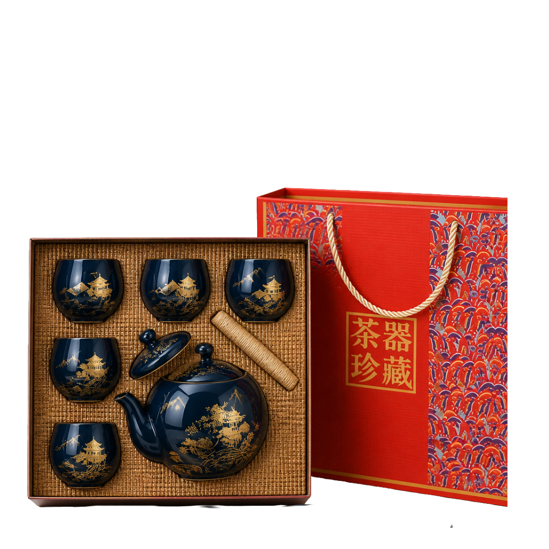 BLUE LANDSCAPE TEA SET WITH TRAY