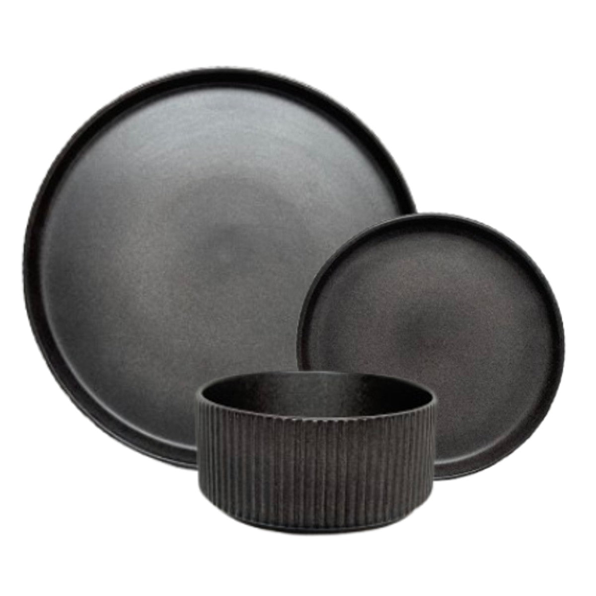 Waveline Ribbed Matte Stoneware 12-Piece Dinner Set – Black – GPS Virtual Showroom