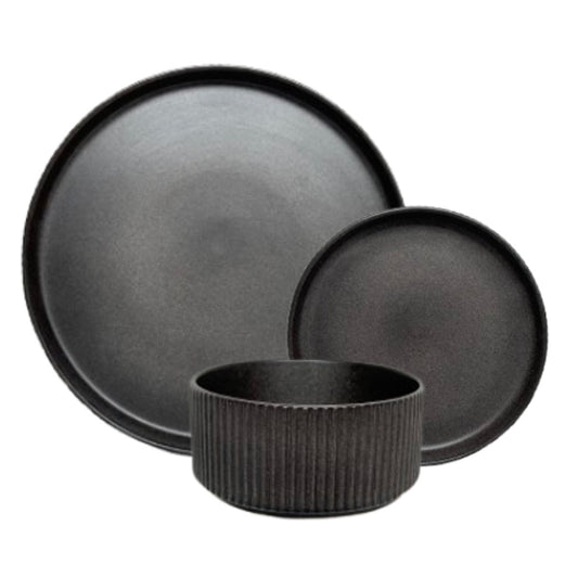 Waveline Ribbed Matte Stoneware 12-Piece Dinner Set – Black – GPS Virtual Showroom